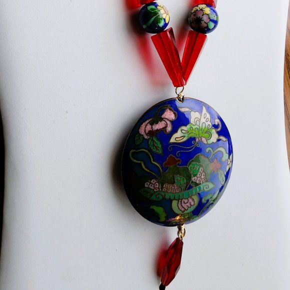 One of a Kind Necklace Vintage-Made Cloisonne, Brazilian Sodalite, Ruby Glass - Picture 1 of 3